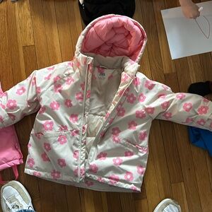 Zara girls ski coat cream with pink flowers. Size 4 to 5 years.